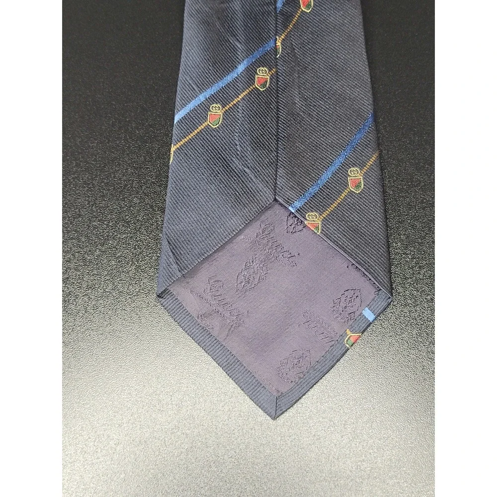 Gucci Men's Necktie Navy Blue Crest Stripe Silk Excellent